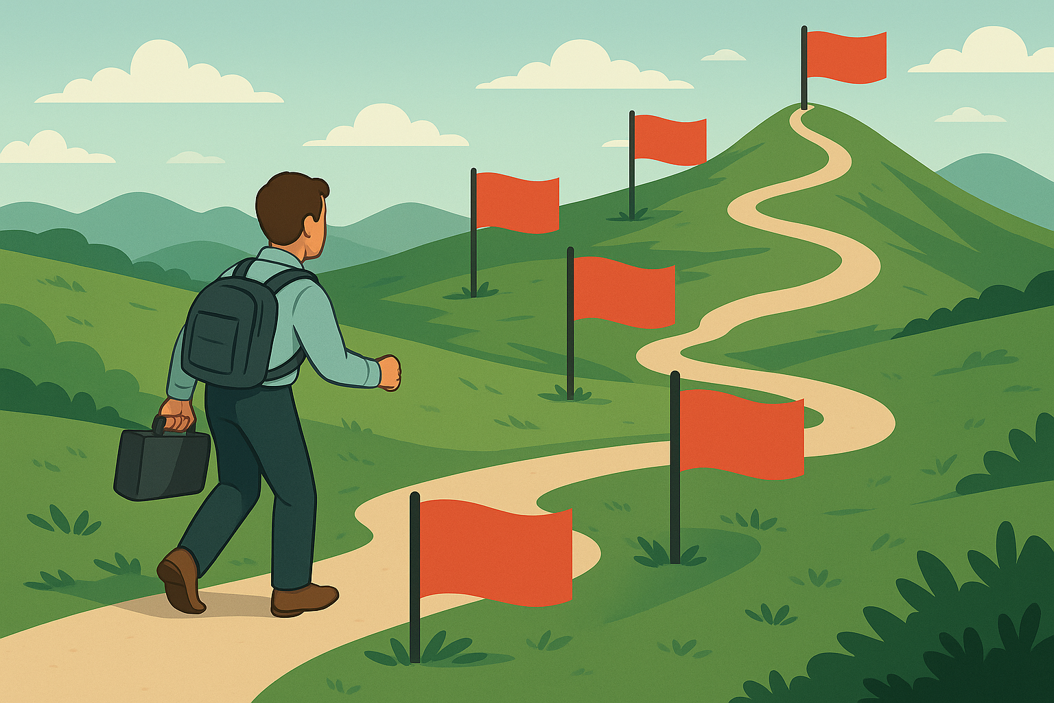 Blog 1 A man hiking up a path with a backpack on and a briefcase in hand. There are six red flags indicating the six stages of a traders journey.